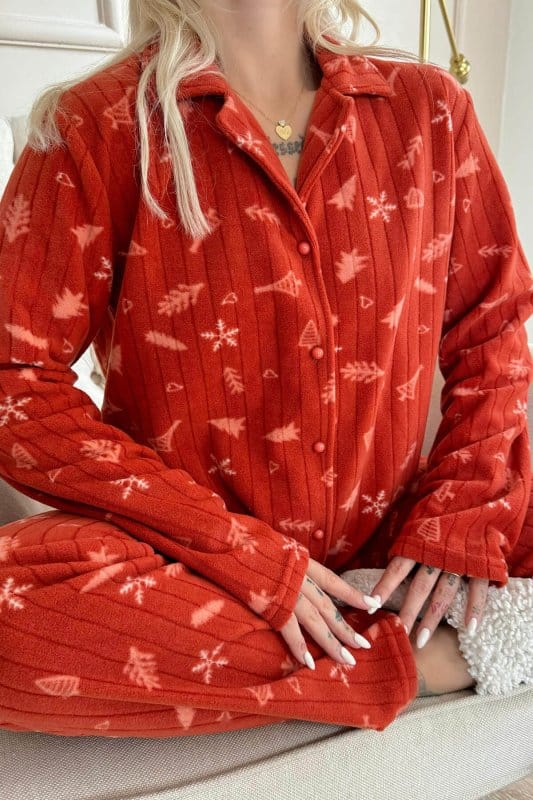 Turunç Tane Desenli Önden Düğmeli Peluş Polar Pijama Takımı