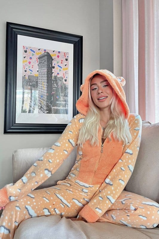 Turuncu Cloud Desenli Kadın Polar Peluş Tulum Pijama Takımı