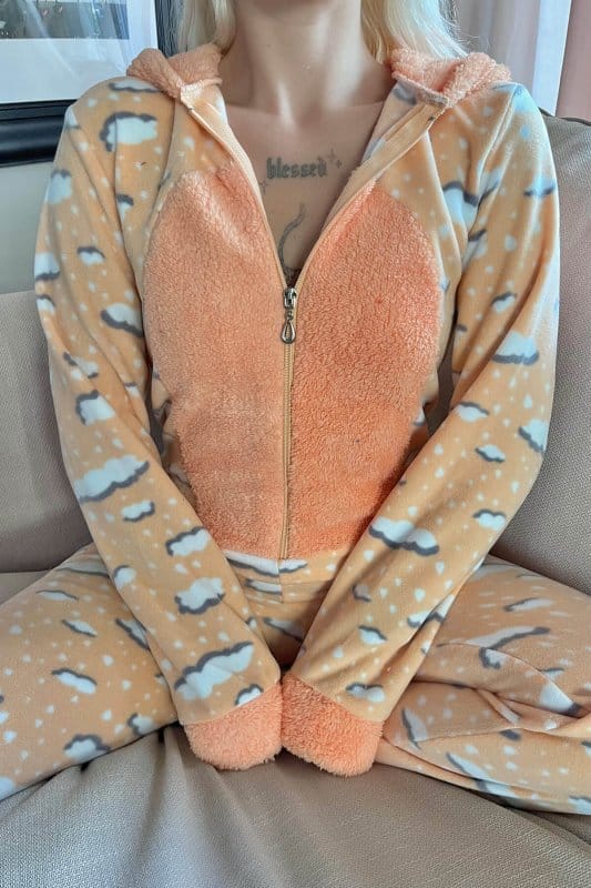 Turuncu Cloud Desenli Kadın Polar Peluş Tulum Pijama Takımı