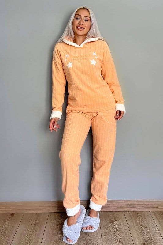 Turuncu Everyday Magic Desenli Kapşonlu Peluş Polar Pijama Takımı