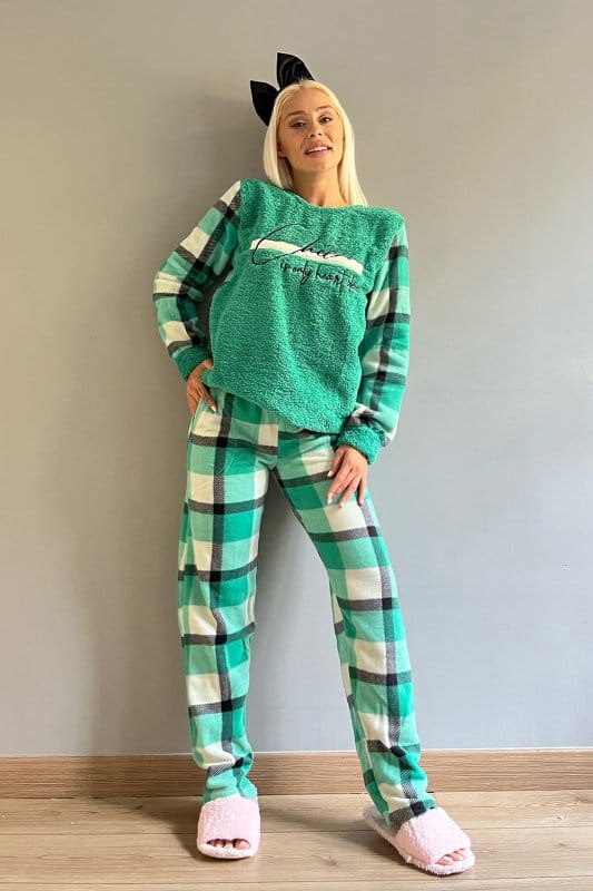 Yeşil Deep Chic Desenli Kadın Peluş Pijama Takımı