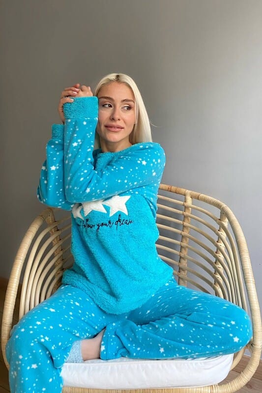Turkuaz Feel Stars Queen Desenli Kadın Peluş Pijama Takımı