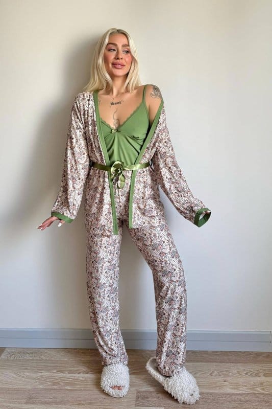 Yeşil Flore Exclusive Örme Sabahlıklı Kadın Pijama Takımı