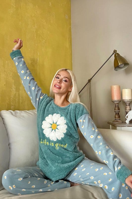 Yeşil Life is Good Desenli Kadın Peluş Pijama Takımı