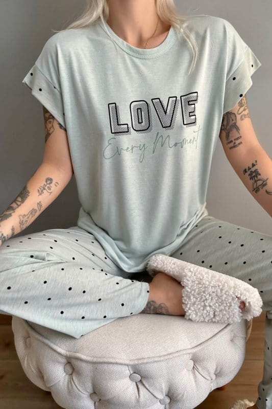 Yeşil Love Puan Baskılı Örme Kısa Kollu Kadın Pijama Takımı