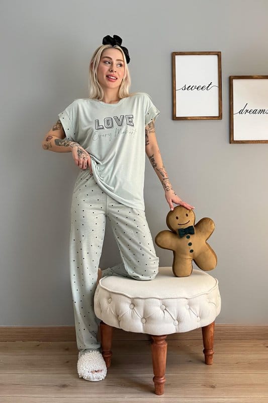 Yeşil Love Puan Baskılı Örme Kısa Kollu Kadın Pijama Takımı