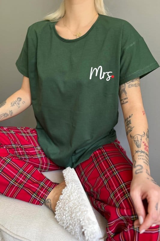 Yeşil Mrs Kısa Kol Sevgili Aile Pijaması - Kadın Takımı