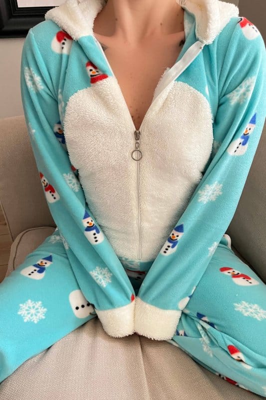 Yeşil Snowman Desenli Kadın Polar Peluş Tulum Pijama