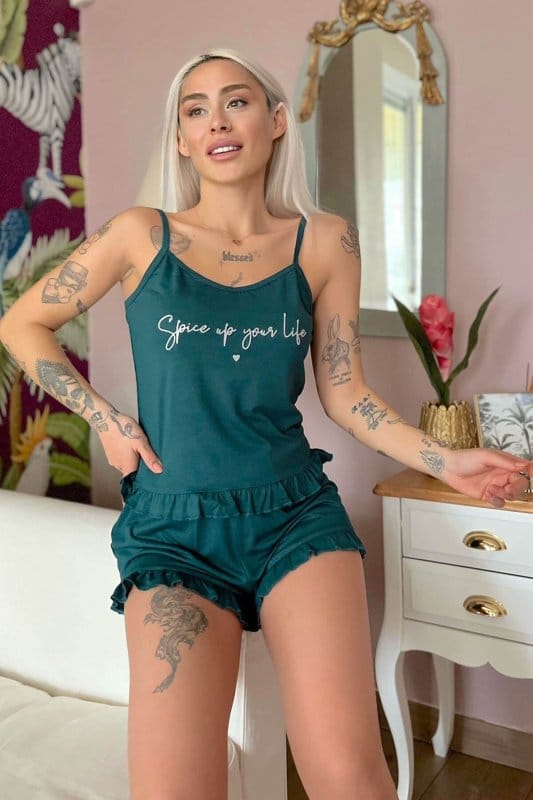 Yeşil Spice Baskılı Örme İp Askı Şortlu Pijama Takımı