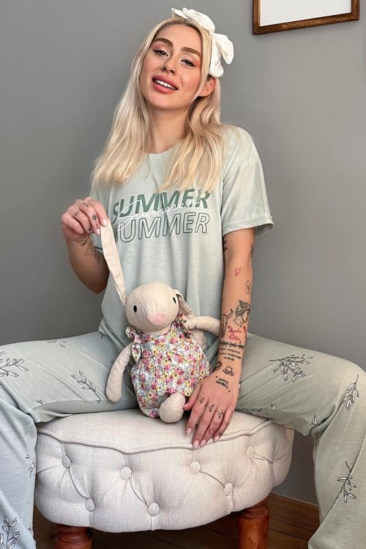 Yeşil Summer Baskılı Örme Kısa Kollu Kadın Pijama Takımı