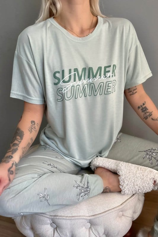 Yeşil Summer Baskılı Örme Kısa Kollu Kadın Pijama Takımı