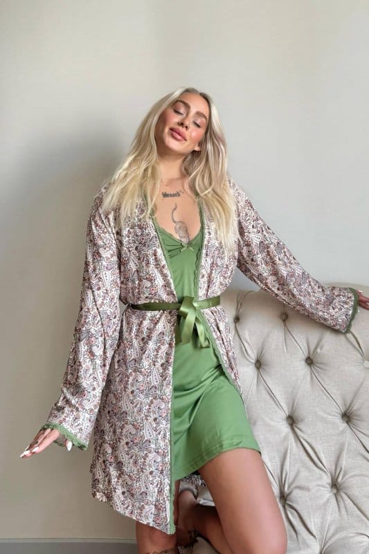 Yeşil Svila Exclusive Örme Sabahlıklı Gecelik Kadın Pijama Takımı