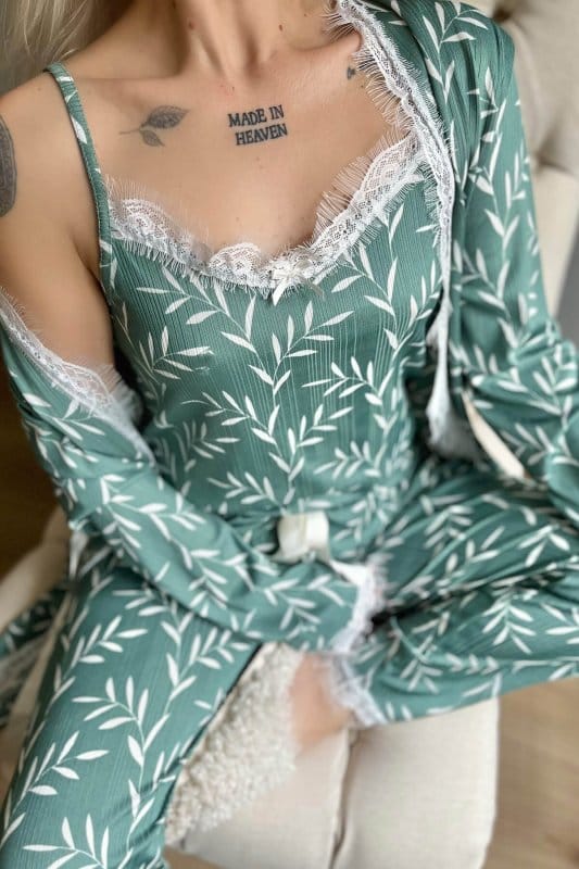 Yeşil Zeytin Dalı Desenli Sabahlıklı Pegasus Pijama Takımı