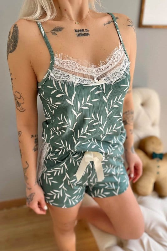 Yeşil Zeytin Dalı Pegasus Dantel Detaylı İp Askı Şortlu Örme Pijama Takımı