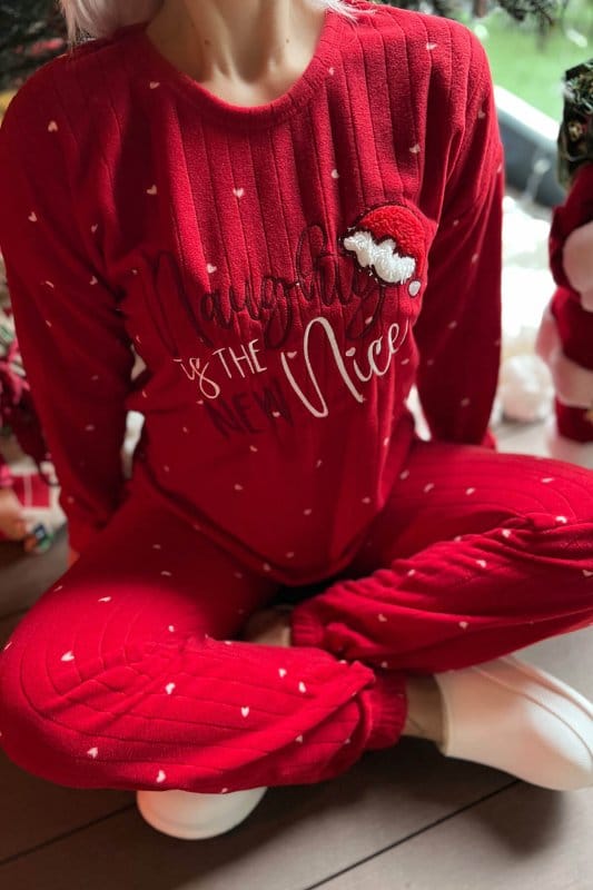 Yılbaşı Desenli Peluş Polar Pijama Takımı