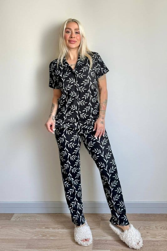 Zeytin Dalı Desenli Örme Önden Düğmeli Kısa Kol Kadın Pijama