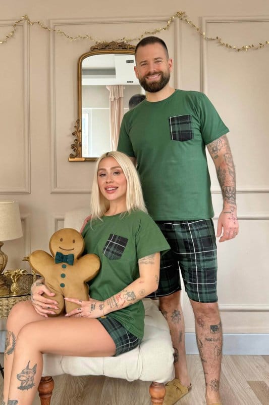 Zümrüt Cep Detay Şortlu Kısa Kol Sevgili Aile Pijaması - Erkek Takımı