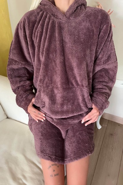 Acı Kahve Kapşonlu Tam Peluş Oversize Sweat Panço Pijama - 5