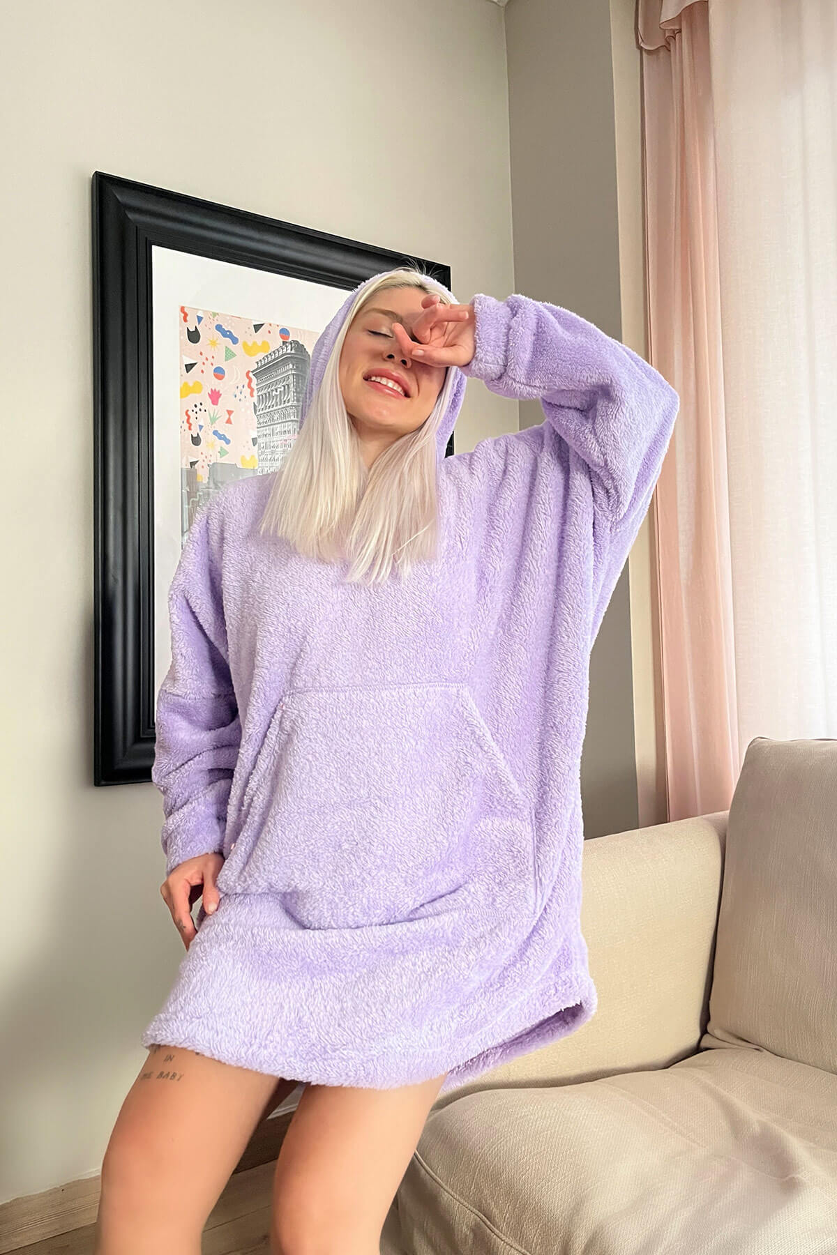 Açık Lila Kapşonlu Tam Peluş Oversize Sweat Panço Pijama - 3