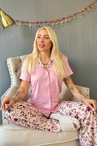 Açık Pembe Florado Exclusive Önden Düğmeli Kısa Kollu Kadın Pijama Takımı - 2