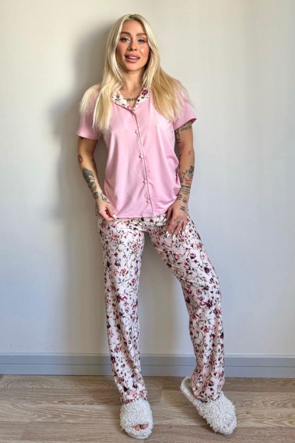 Açık Pembe Florado Exclusive Önden Düğmeli Kısa Kollu Kadın Pijama Takımı - 6