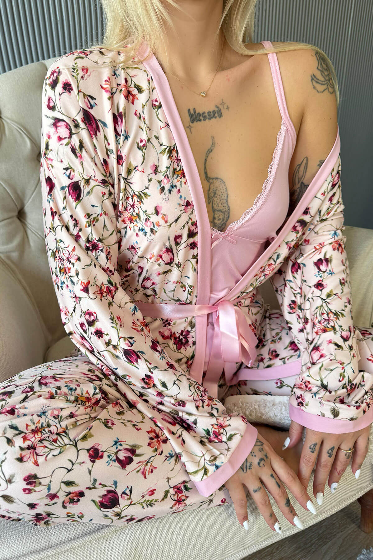 Açık Pembe Flore Exclusive Örme Sabahlıklı Kadın Pijama Takımı - 6