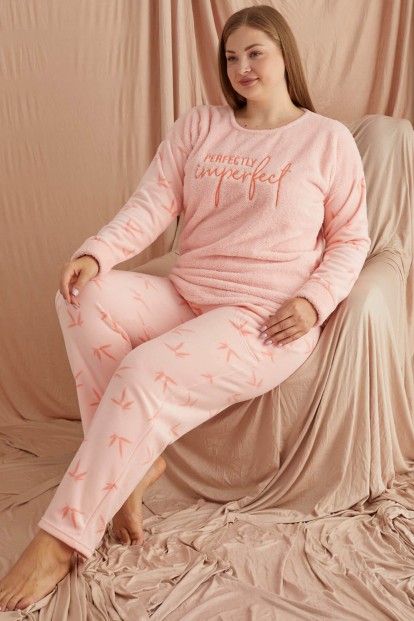 Açık Pembe Imperfect Desenli Büyük Beden Battal Peluş Pijama Takımı 