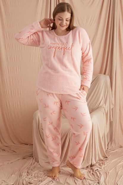 Açık Pembe Imperfect Desenli Büyük Beden Battal Peluş Pijama Takımı - 2