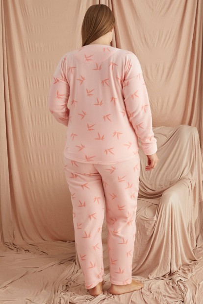 Açık Pembe Imperfect Desenli Büyük Beden Battal Peluş Pijama Takımı - 3