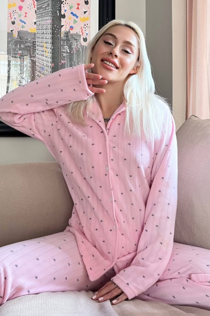 Açık Pembe Kalp Desenli Önden Düğmeli Peluş Polar Pijama Takımı 