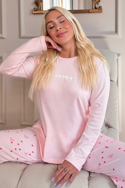 Açık Pembe Loved Desenli Termal Kadın Pijama Takımı 