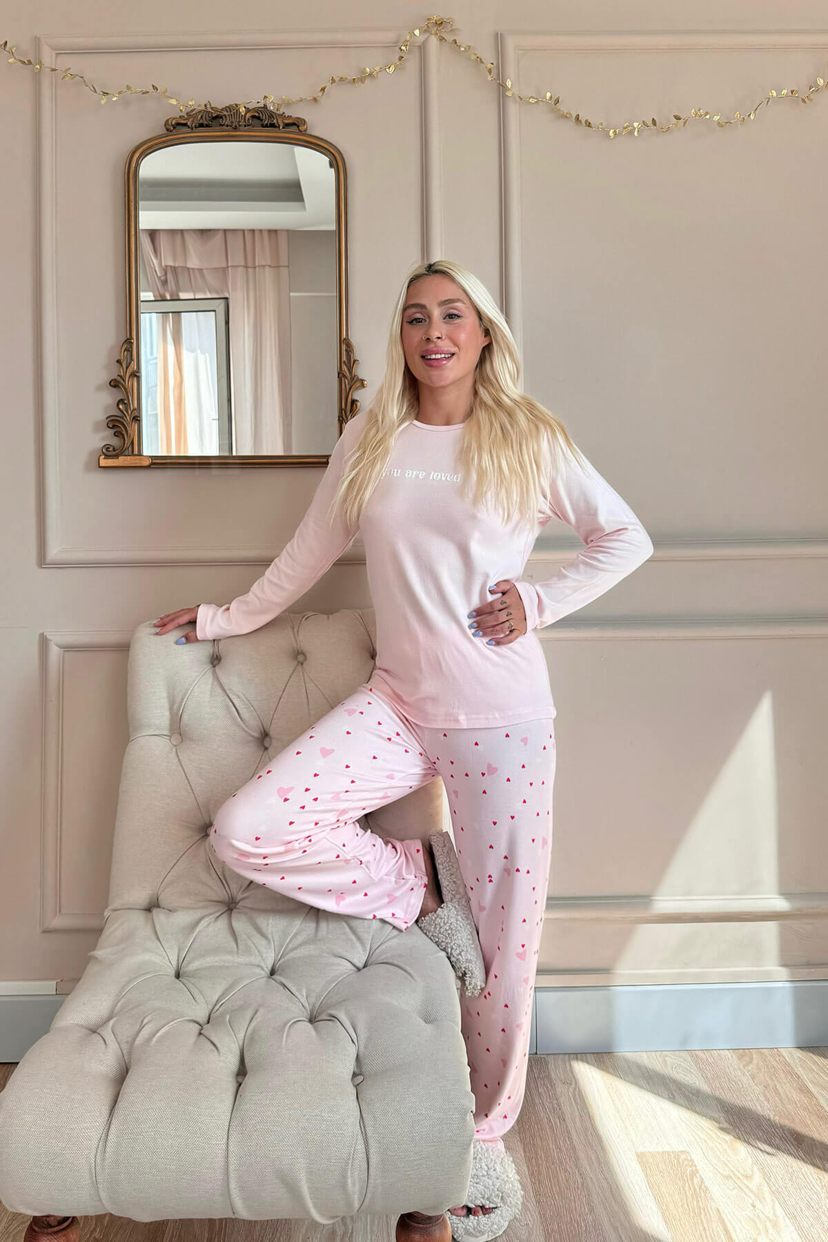 Açık Pembe Loved Desenli Termal Kadın Pijama Takımı - 5