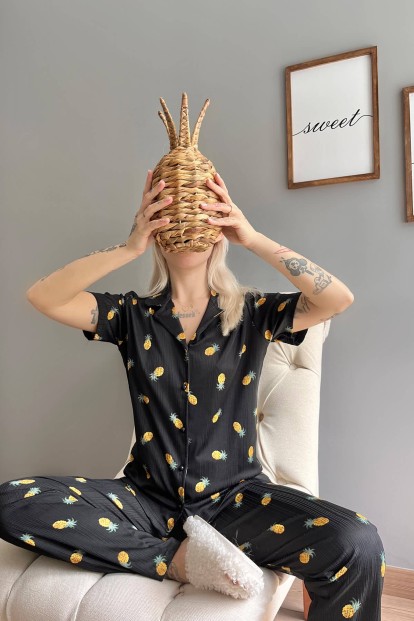 Ananas Desenli Örme Önden Düğmeli Kısa Kol Kadın Pijama - 3