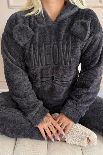 Antrasit Meow Desenli Tam Peluş Pijama Takımı - 6