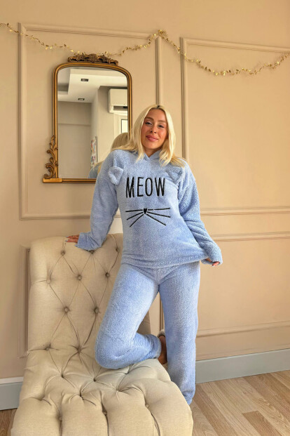 Bebe Mavisi Meow Desenli Tam Peluş Pijama Takımı - 6