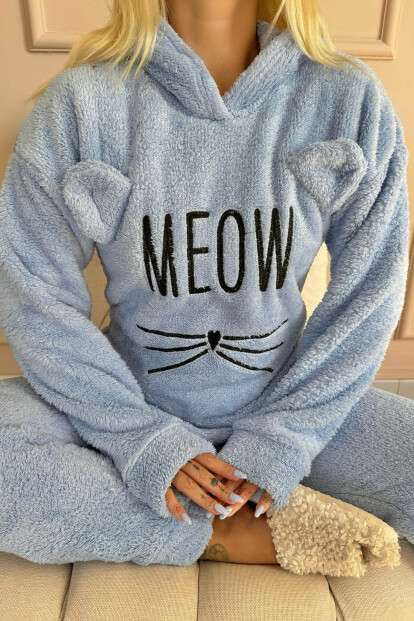 Bebe Mavisi Meow Desenli Tam Peluş Pijama Takımı - 7