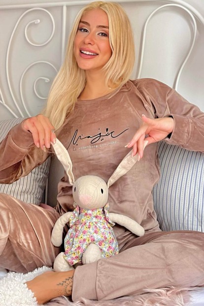 Bej Magic Desenli Exclusive Kadife Kadın Pijama Takımı  