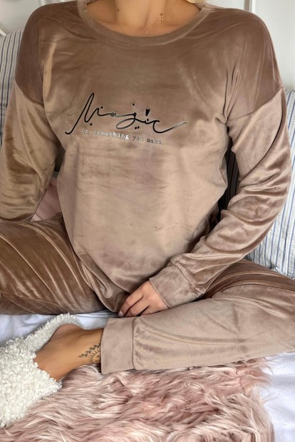 Bej Magic Desenli Exclusive Kadife Kadın Pijama Takımı  - 5