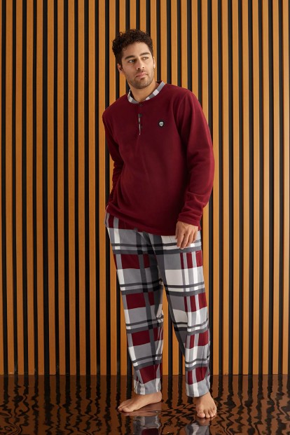 Bordo Beyaz Ekose Desenli Polar Erkek Pijama Takımı - 2