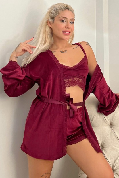 Bordo Bralet Exclusive Kadife Sabahlıklı Kadın Pijama Takımı  - 1