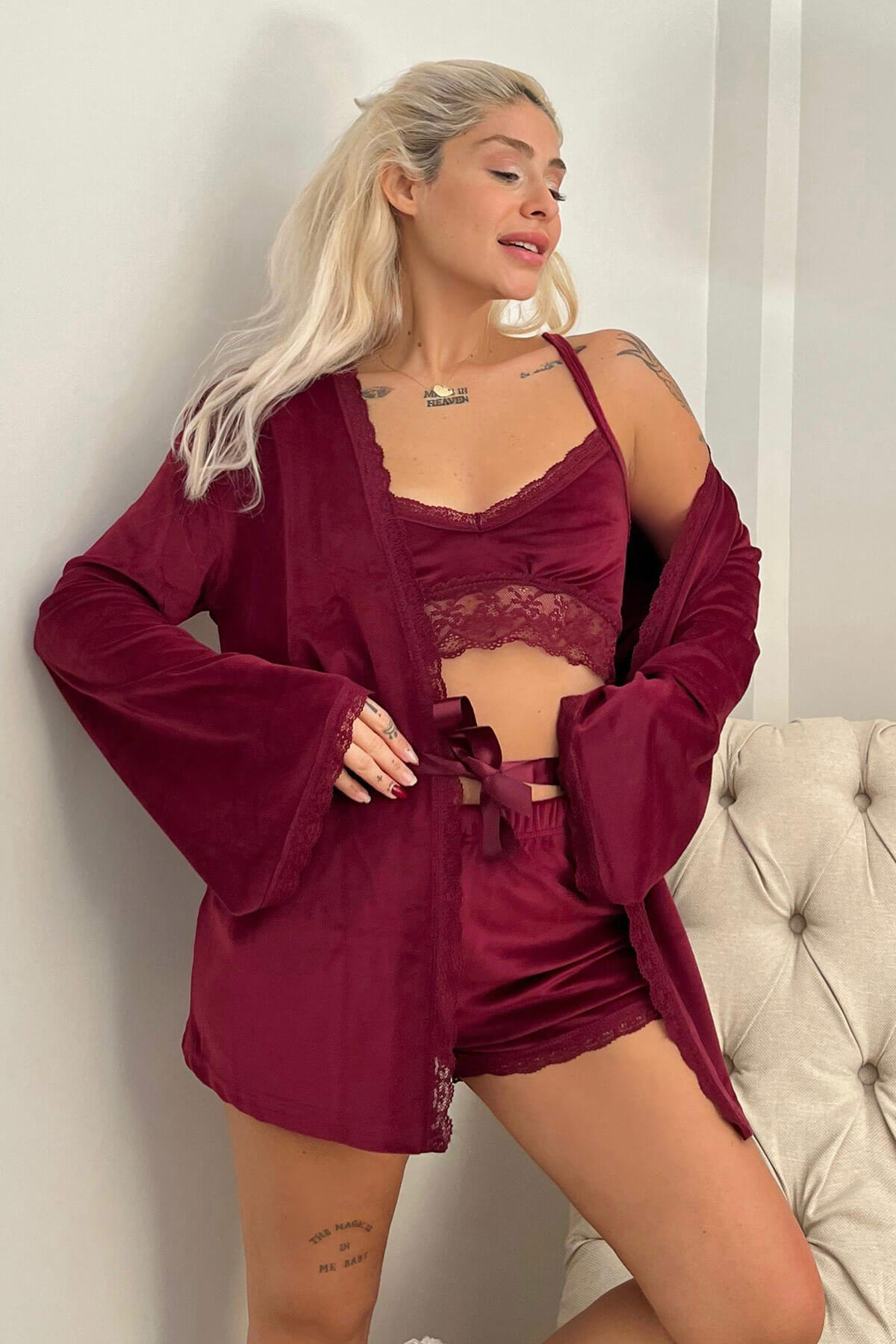 Bordo Bralet Exclusive Kadife Sabahlıklı Kadın Pijama Takımı  - 3