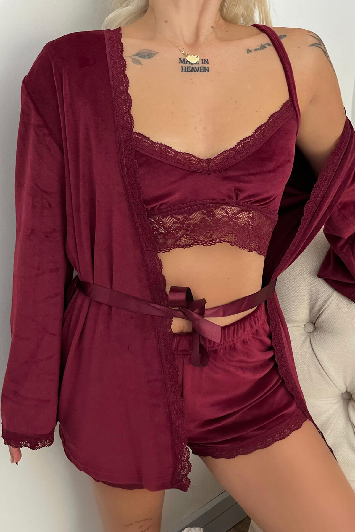 Bordo Bralet Exclusive Kadife Sabahlıklı Kadın Pijama Takımı  - 5