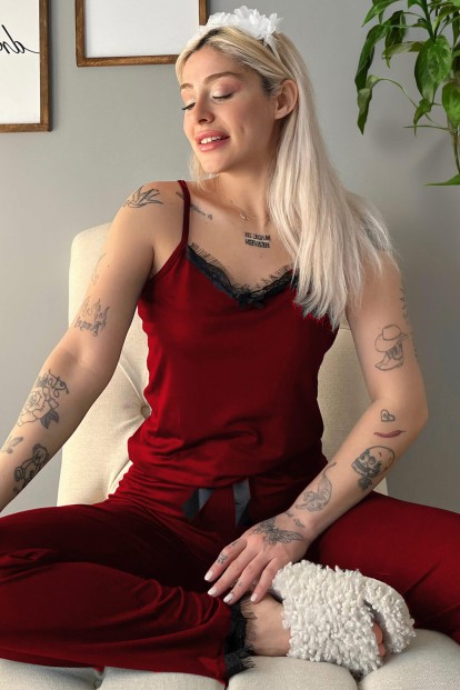Bordo Dantelli İp Askılı Örme Kadın Pijama Takımı 