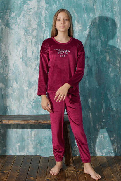 Bordo Dream Desenli Exclusive Kadife Kız Çocuk Pijama Takımı  - 2