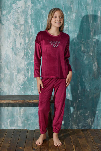 Bordo Dream Desenli Exclusive Kadife Kız Çocuk Pijama Takımı  - 3