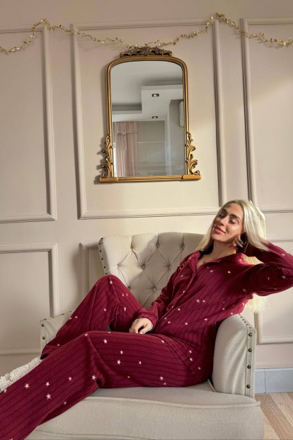 Bordo Eclipse Desenli Önden Düğmeli Peluş Polar Pijama Takımı - 3