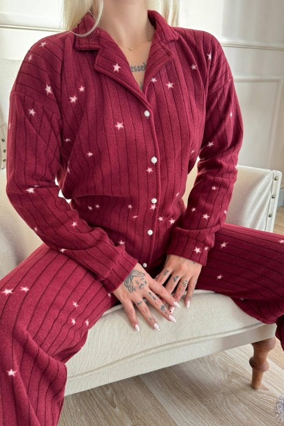 Bordo Eclipse Desenli Önden Düğmeli Peluş Polar Pijama Takımı - 4