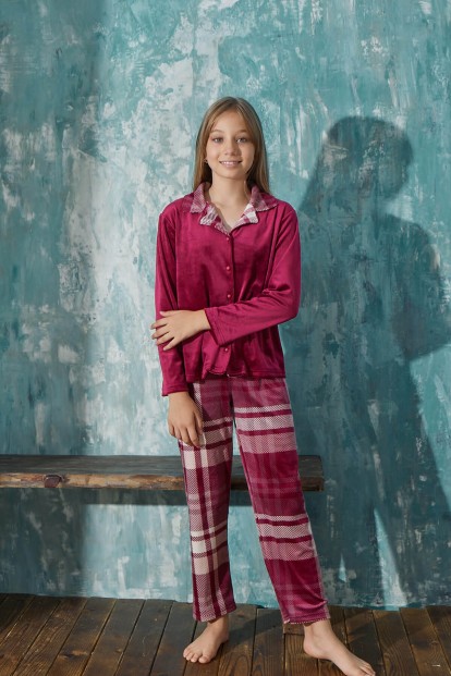 Bordo Ekose Exclusive Önden Düğmeli Kadife Kız Çocuk Pijama Takımı  - 4