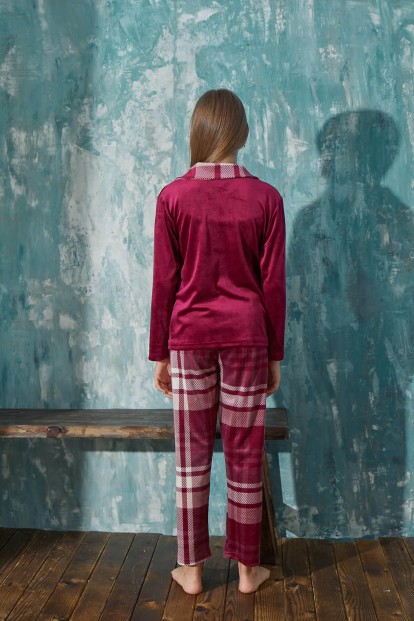 Bordo Ekose Exclusive Önden Düğmeli Kadife Kız Çocuk Pijama Takımı  - 5