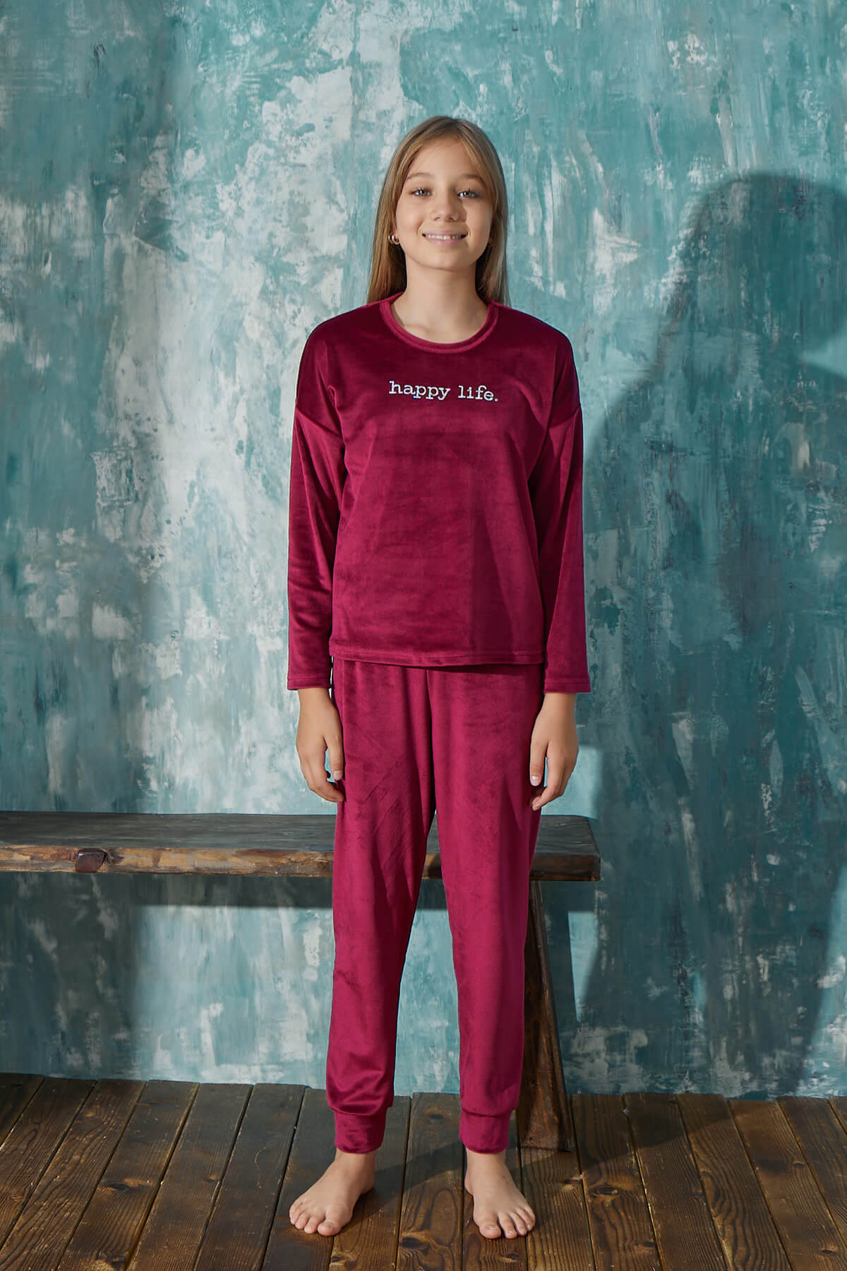 Bordo Happy Life Desenli Exclusive Kadife Kız Çocuk Pijama Takımı  - 2